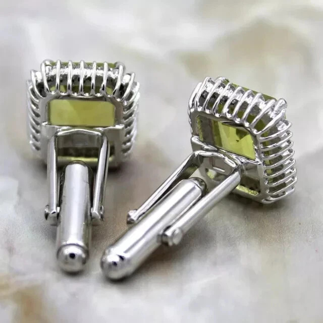 4Ct Emerald Cut Lab-Created Green Peridot Men’s Cufflinks 14K White Gold Plated