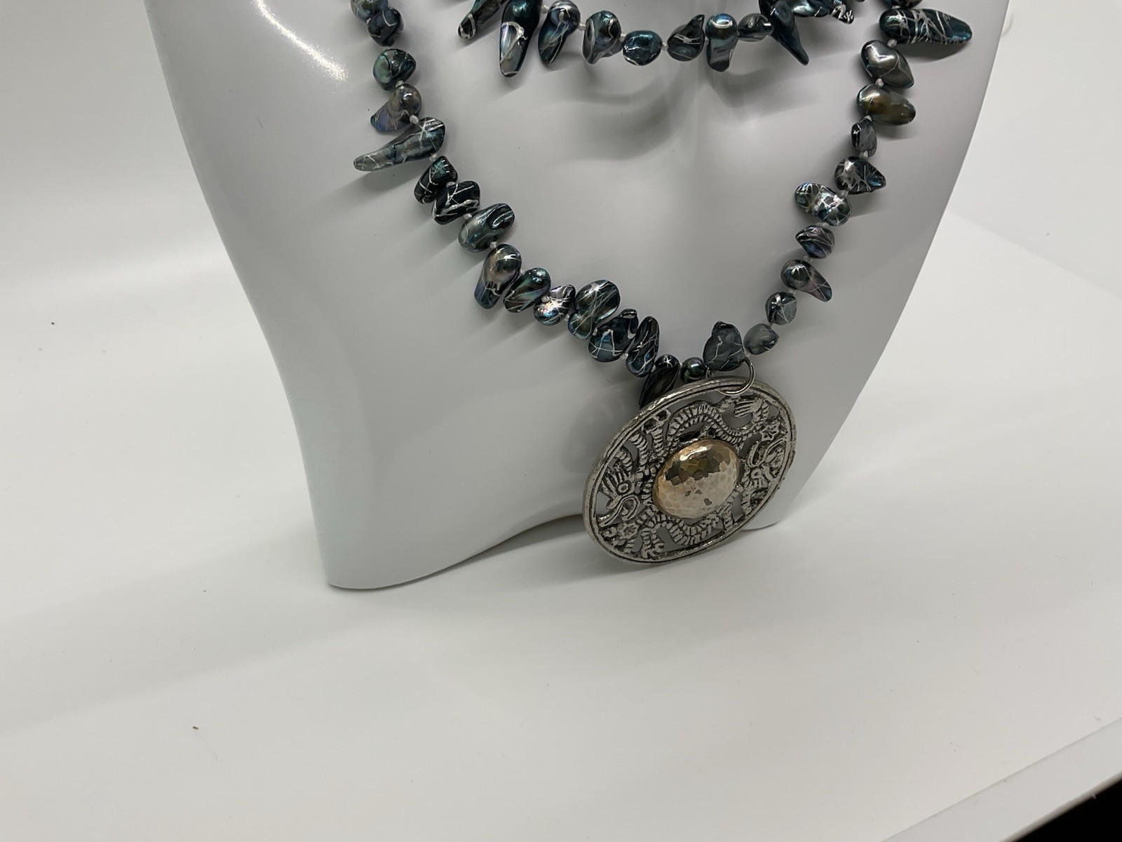 Multi-Strand Gray Beaded Ball Chain Necklace w/ Round Silver-Tone Medal Pendant