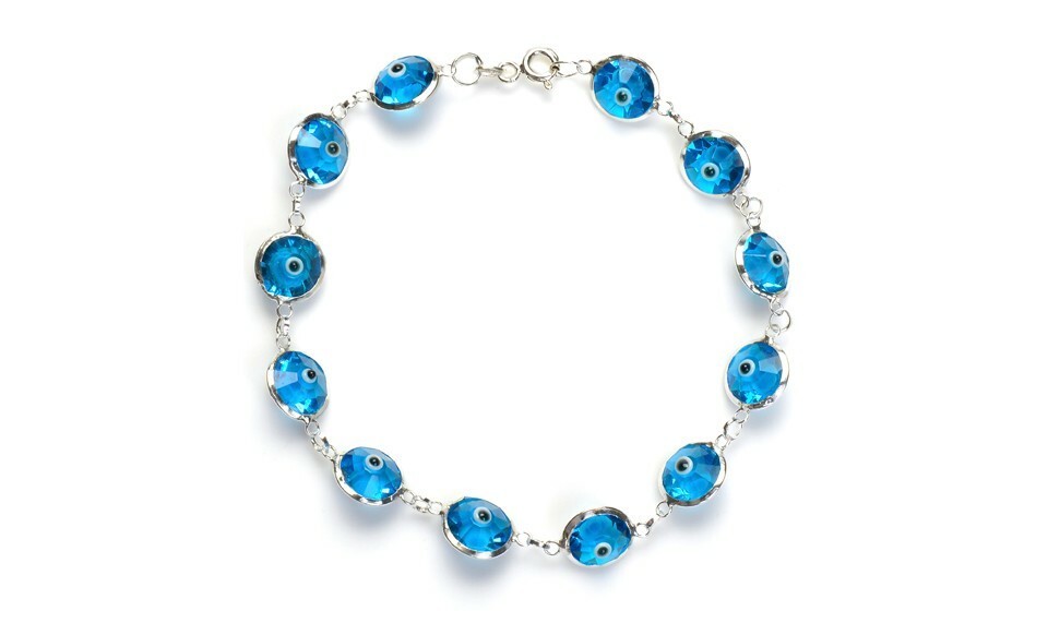 Solid 925 Sterling Silver 10MM Light Blue Crystal Evil Eye Bracelet – 7.5″