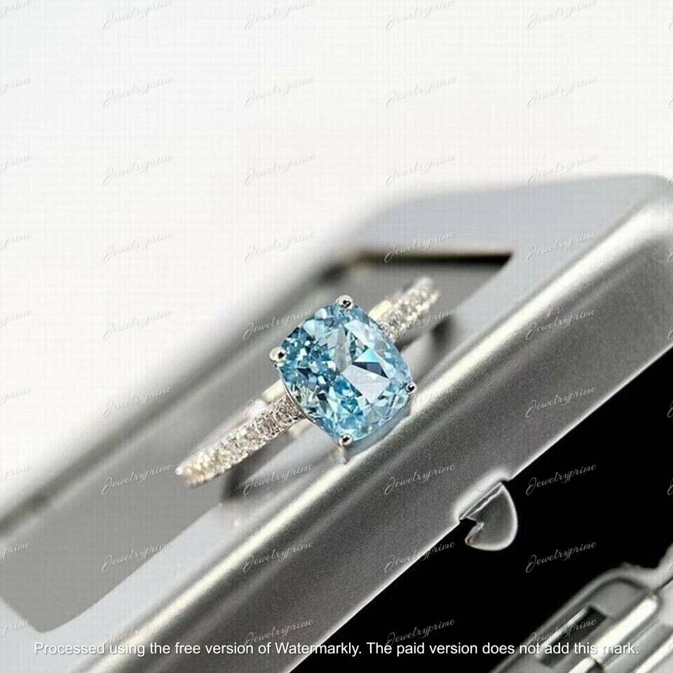 2.30CT Cushion Cut Lab Created Aquamarine Engagement Ring 14K White Gold Finish