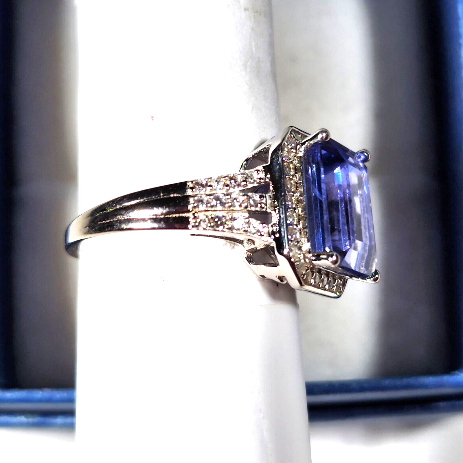 Blue Fluorite & Natural White Zircon ring in Rhodium over 925 Sterling sz 8