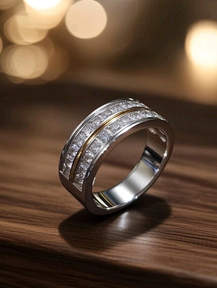 Men’s Stainless Steel Ring with 2 Rows CZ Simulated Diamonds Band Size 8