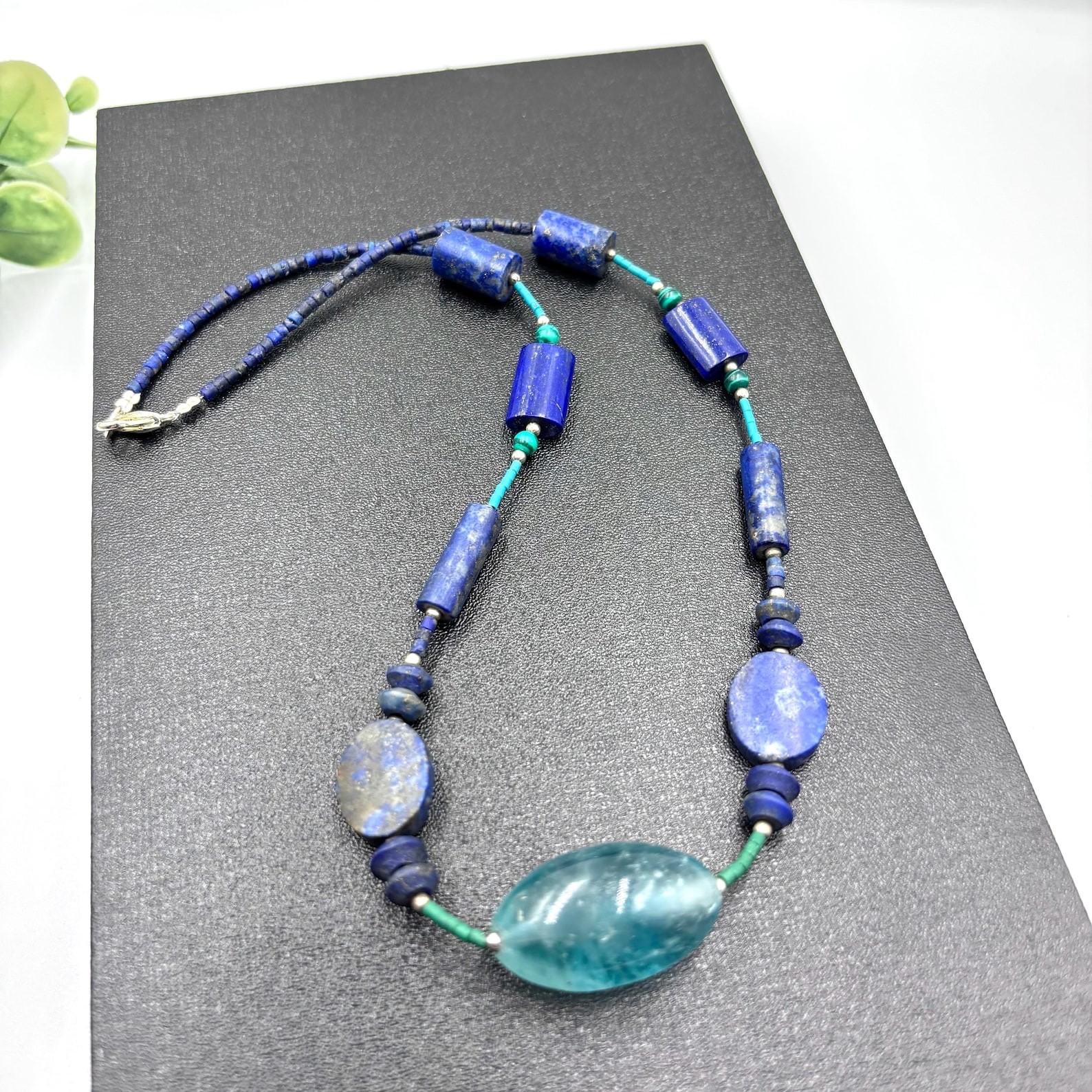 Handmade Lapis Lazuli Fluorite Pendant Necklace Vintage Style Gemstone Jewelry