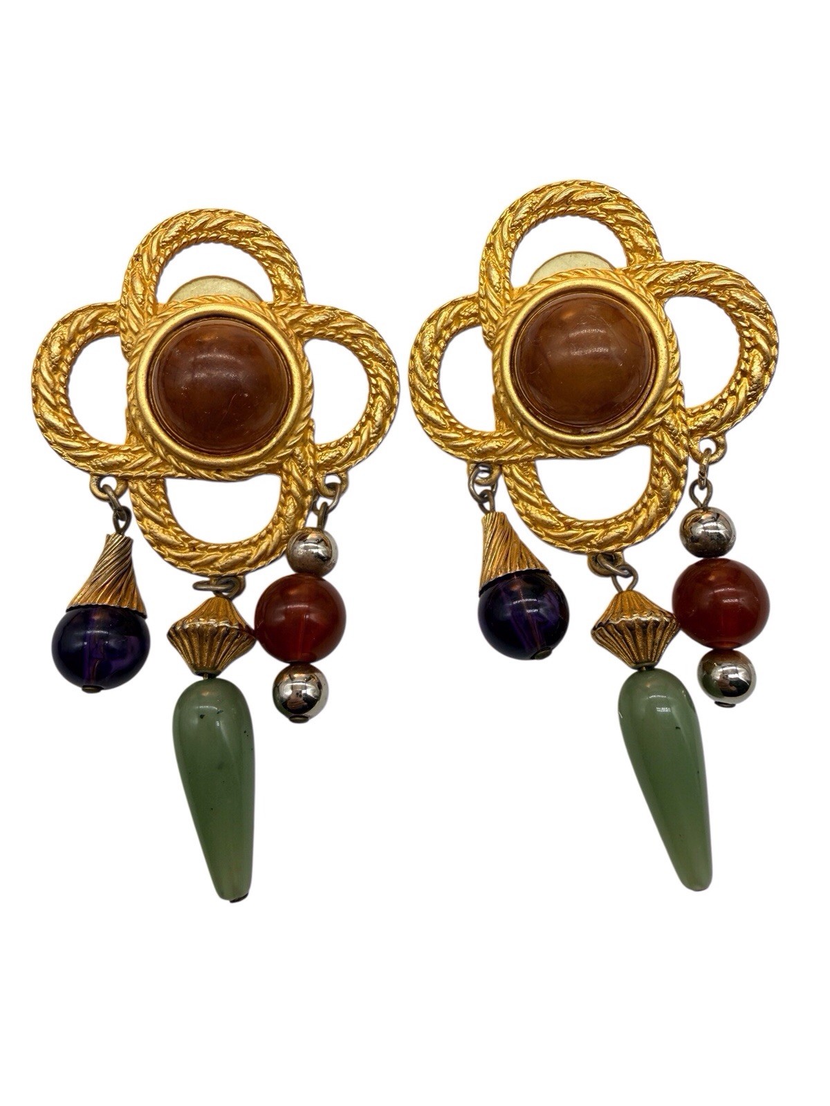 JJ Jonette Signed Earrings VTG 80s Large Etruscan Rev Faux Stone Dangles Gold 9