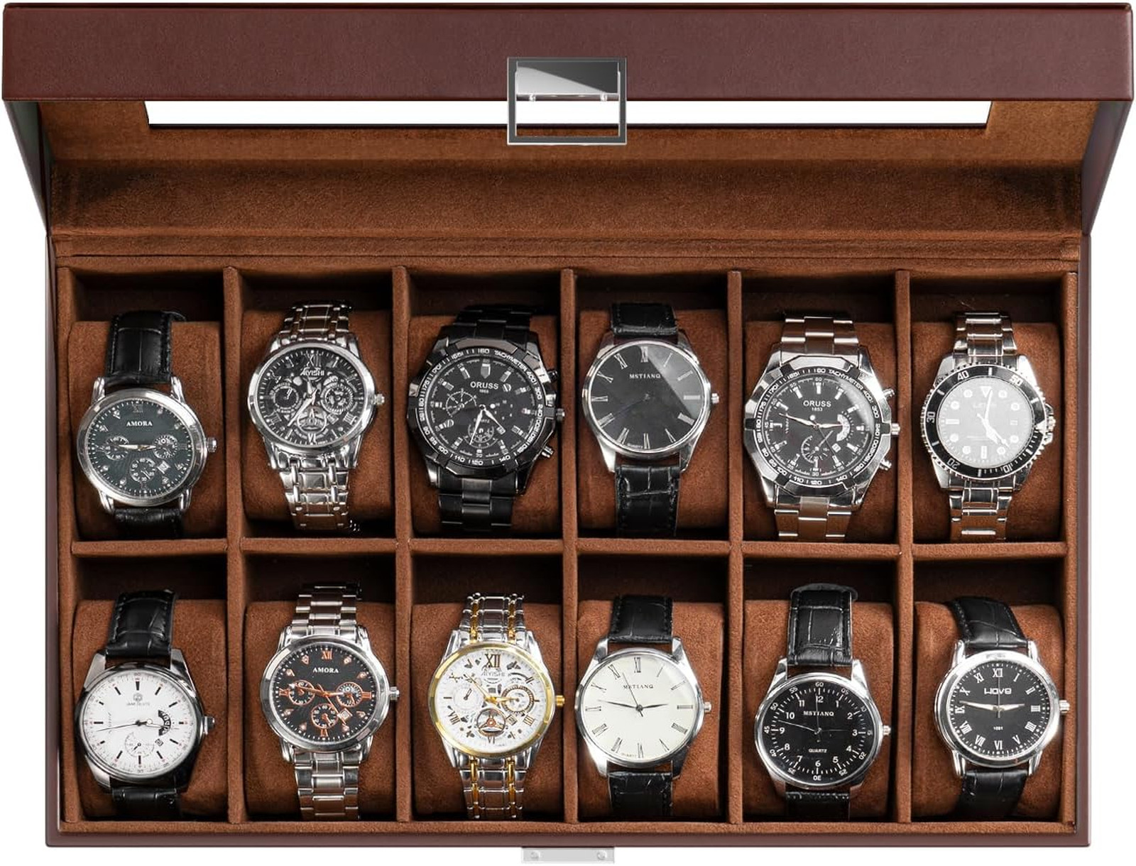 Watch Organizer Box with Glass Lid, 12 Slot Watch Display Case in Brown