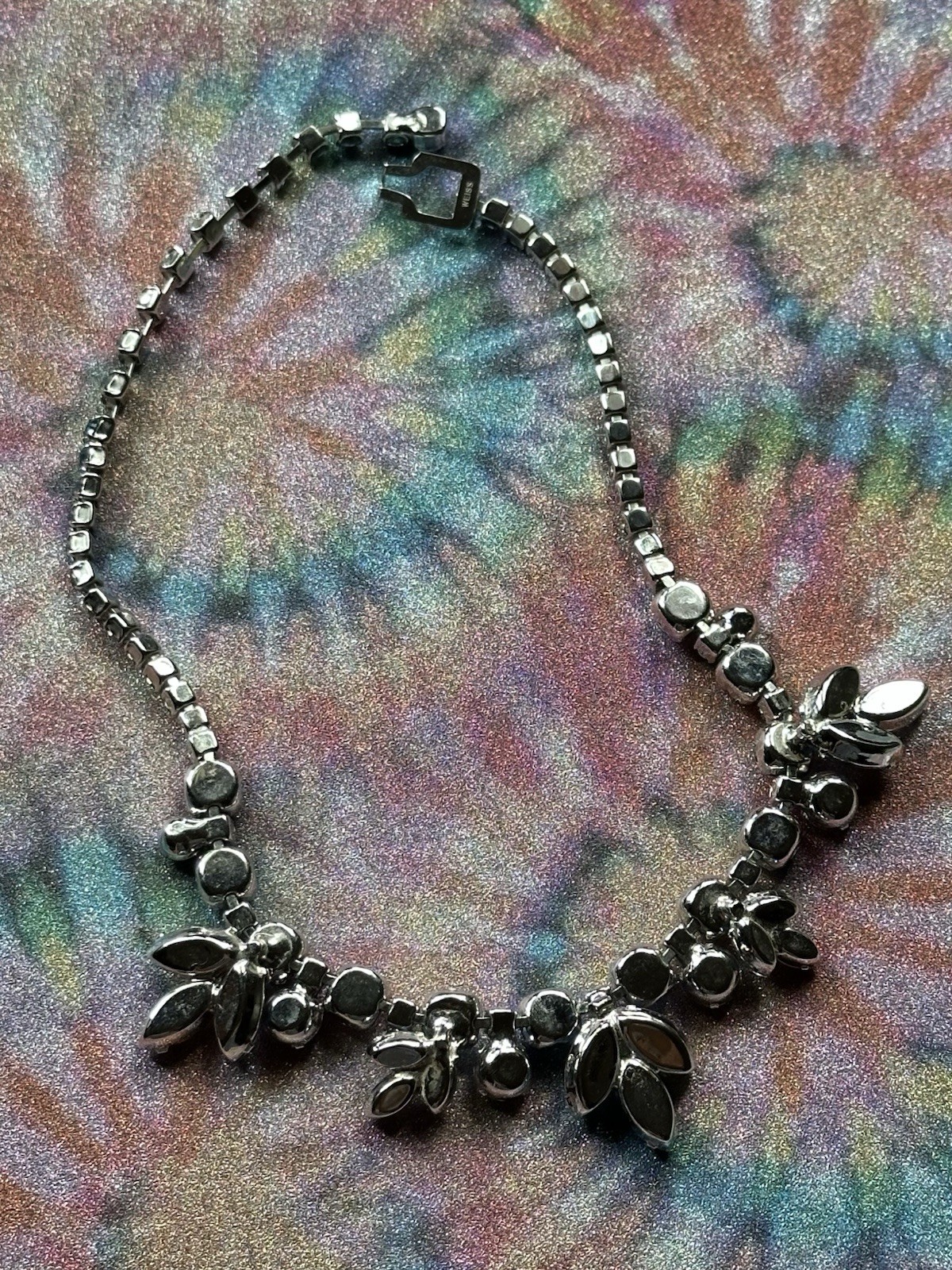VTG Weiss Light Blue Rhinestones Floral Necklace 16”, 60s