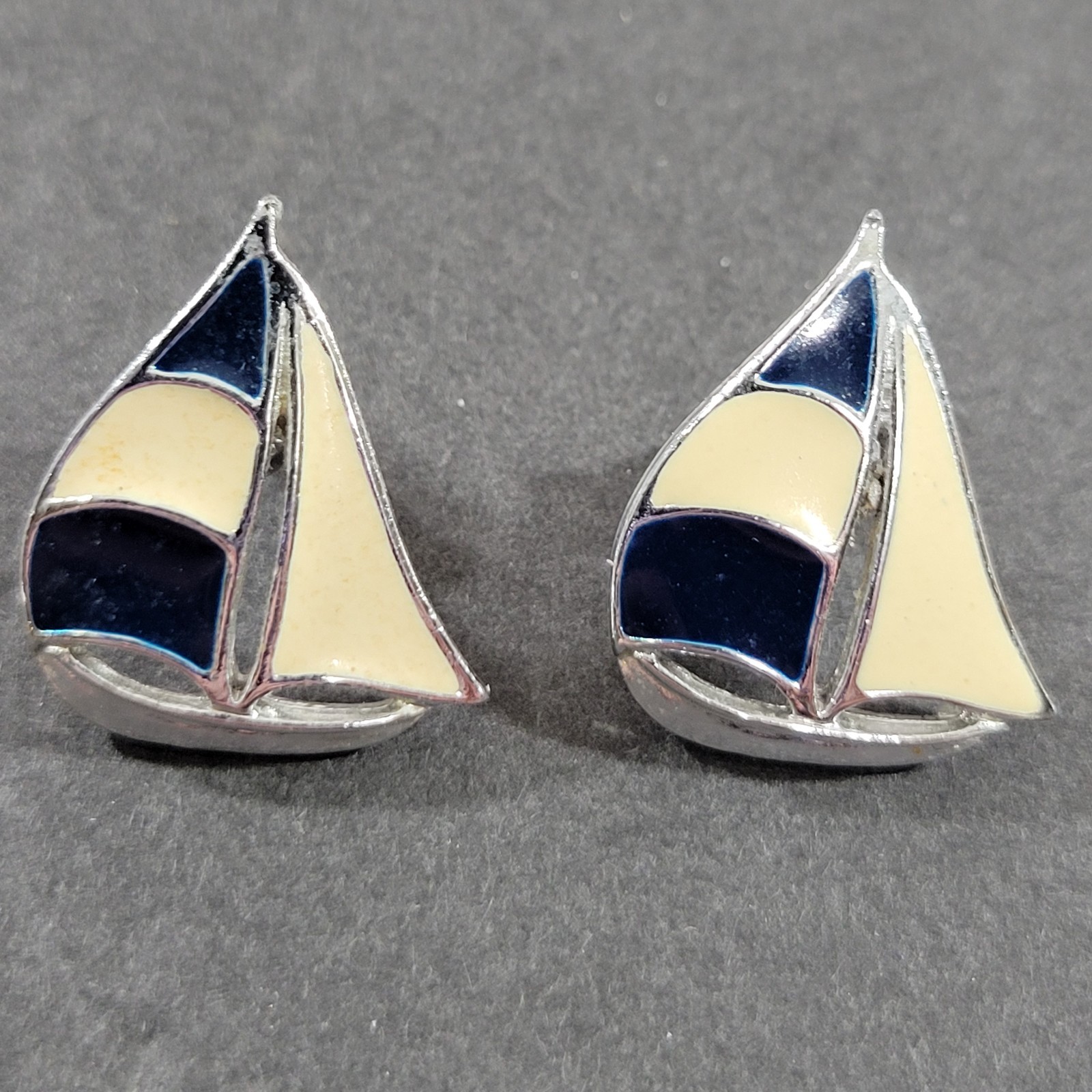 Vintage Enamel Sailboat Earrings Post Blue Ivory Silver Tone Nautical Coast 3/4″