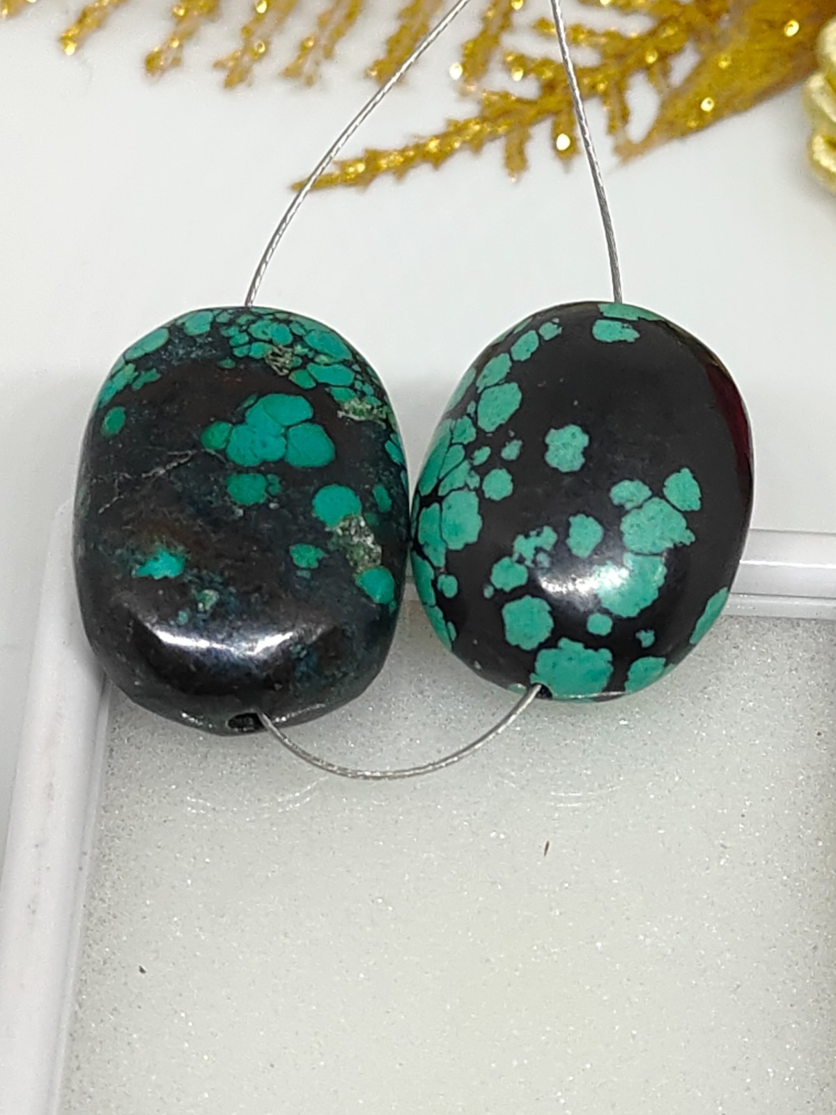 Tibetan Turquoise Oval Beads -Natural Handmade Polished Jewelry Making (2 Beads)
