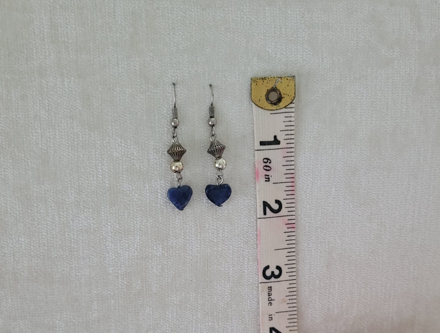 Vintage 1970s Grey Blue Stone Heart Silver Tone Dangle Hook Earrings