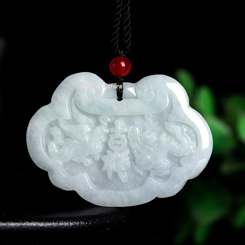 Natural Grade A Jadeite White Jade Dragon Phoenix Longevity Lock Pendant