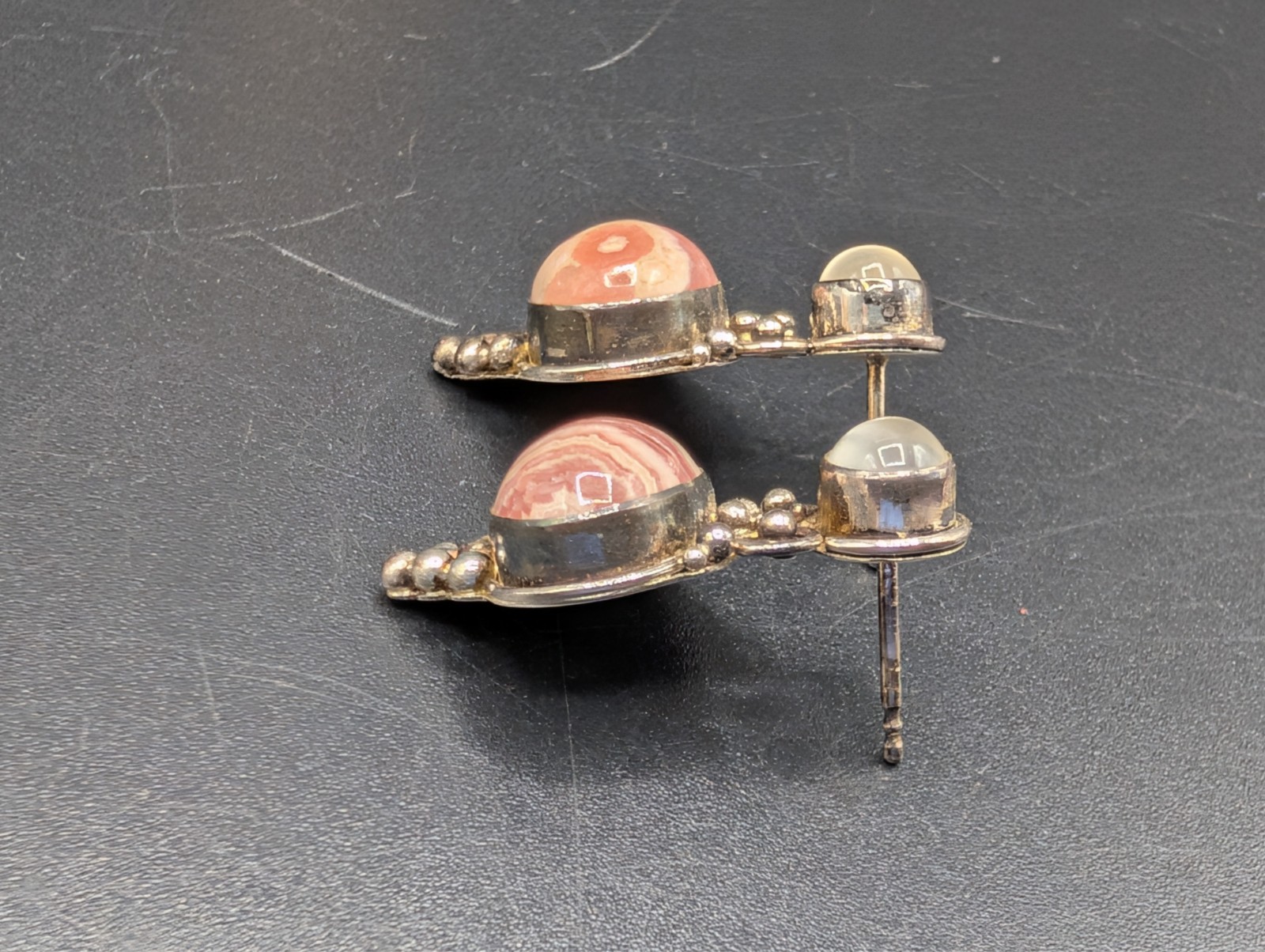 Sterling Silver Sajen Moonstone and Rhodochrosite Stud Earrings