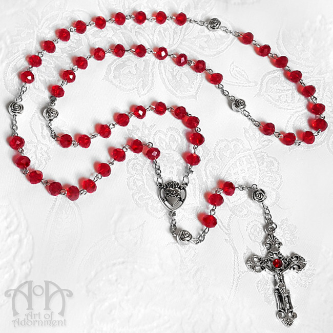 Gothic Silver RED GLASS ROSARY NECKLACE Beaded Sacred Heart Cross Rose Long
