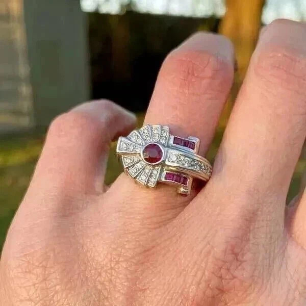 Art Deco Style Ruby Lab Created Diamond Anniversary Gift 14k White Gold FN Ring