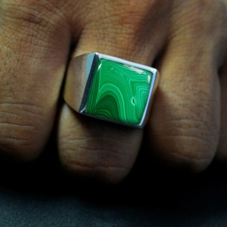 Solid 925 Sterling Silver Natural Green Malachite Gemstone Gift Men’s UnisexRing