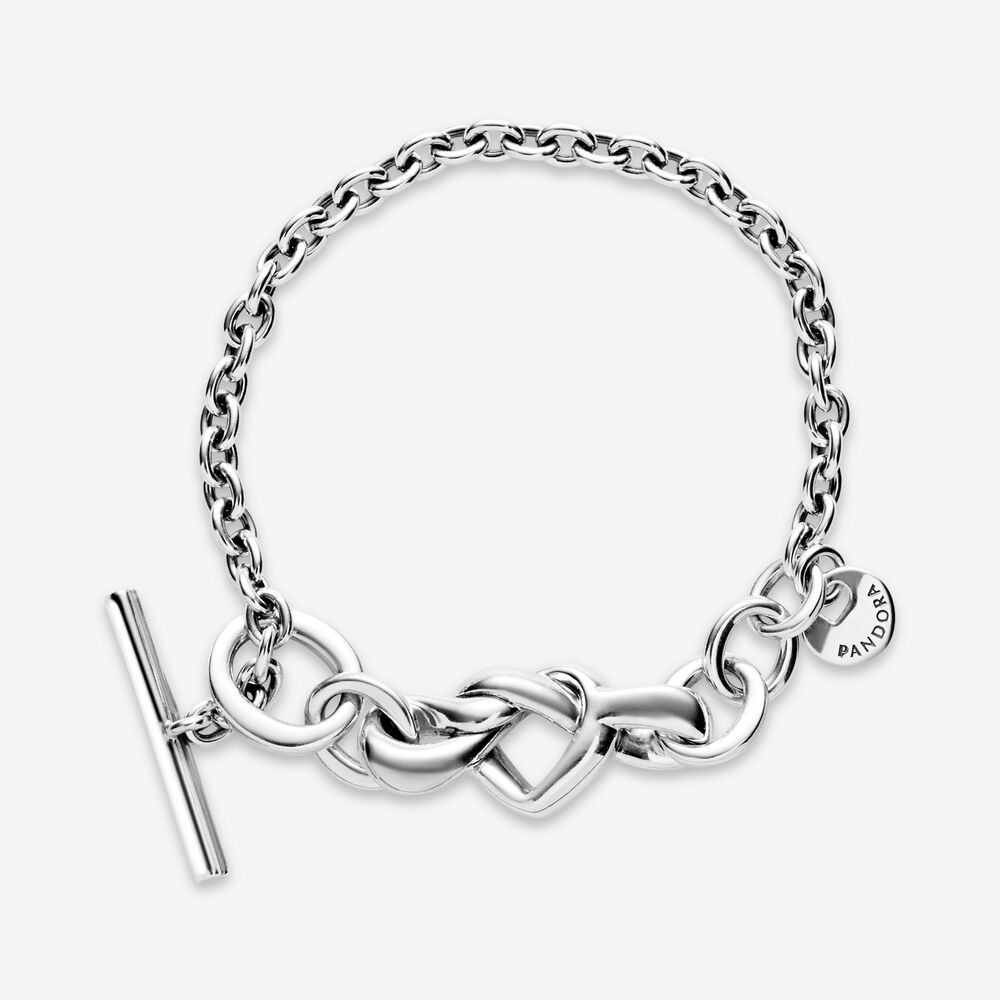 Authentic PANDORA Knotted Heart T-Bar Bracelet, Silver 925 NEW w/ Pouch