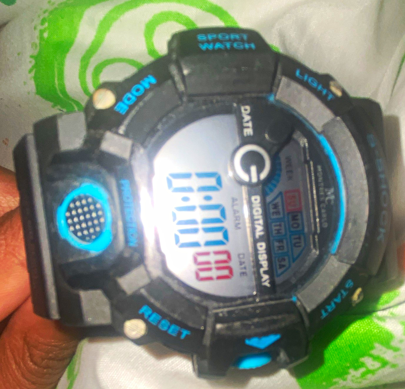 Digital Sport Quartz Wristwatch 50m Alarm Light Date Black/Blue Plastic Strap