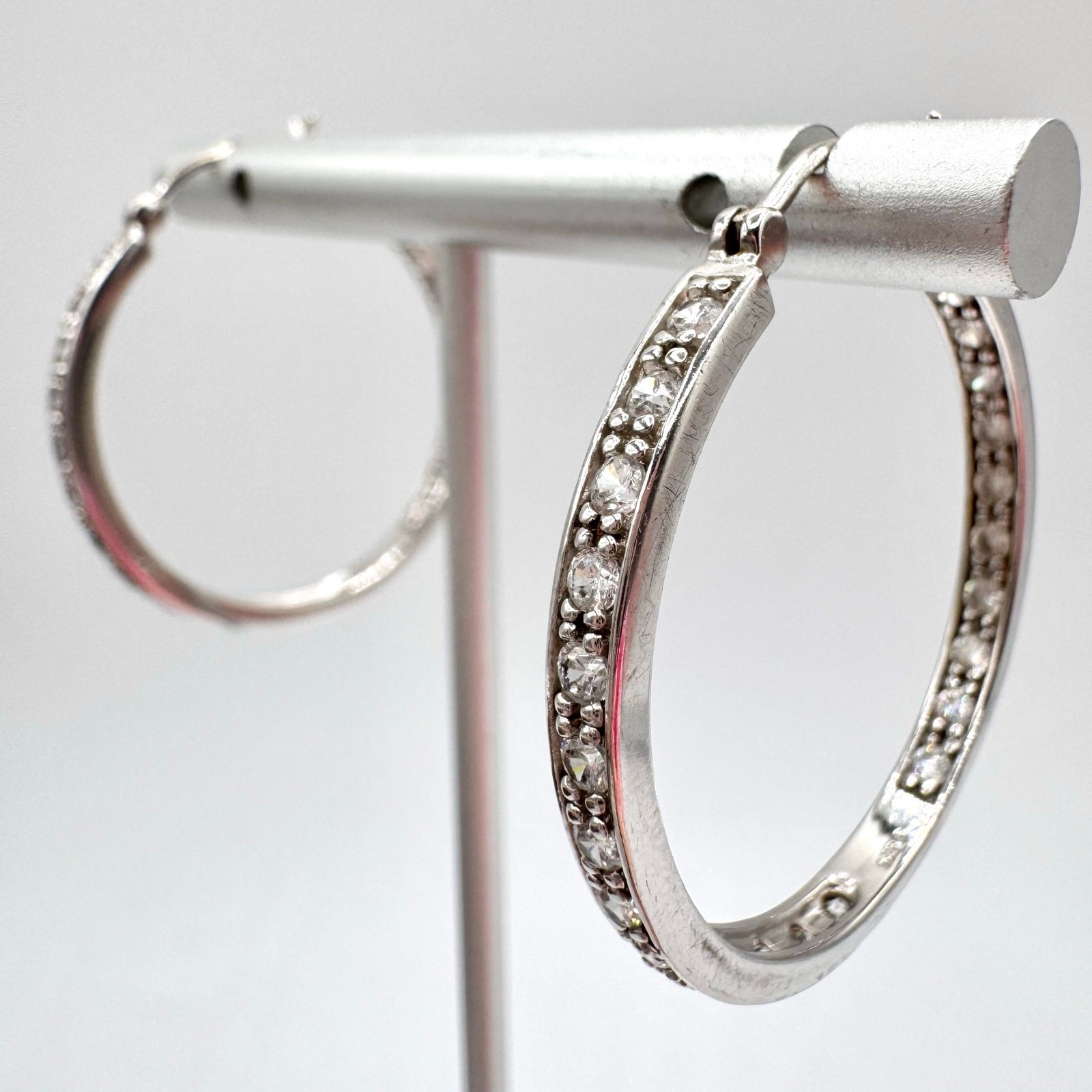 925 Sterling Silver CZ Front Back Hoop Earrings Acid Tested Signed 1 1/4” 7.36 g