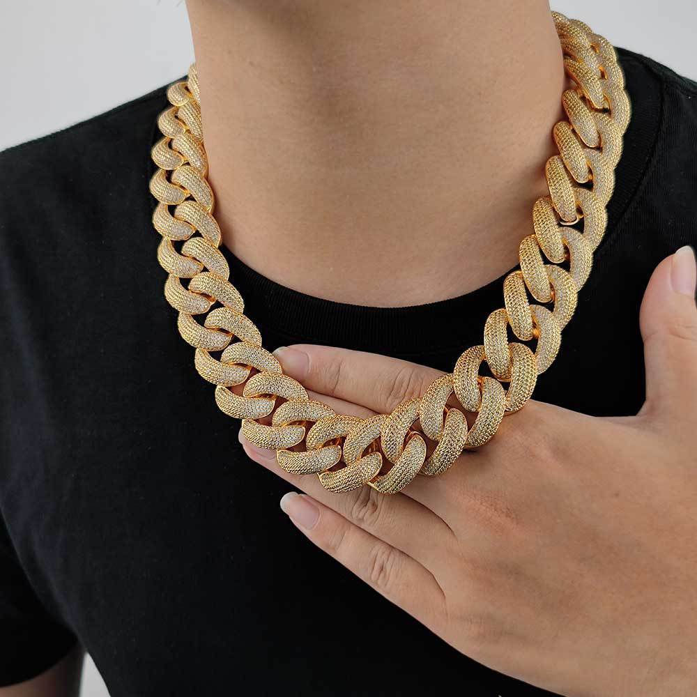 25mm Hip Hop Bubble Cuban Link Chain White CZ Stone 18K Real Gold Plated Jewelry