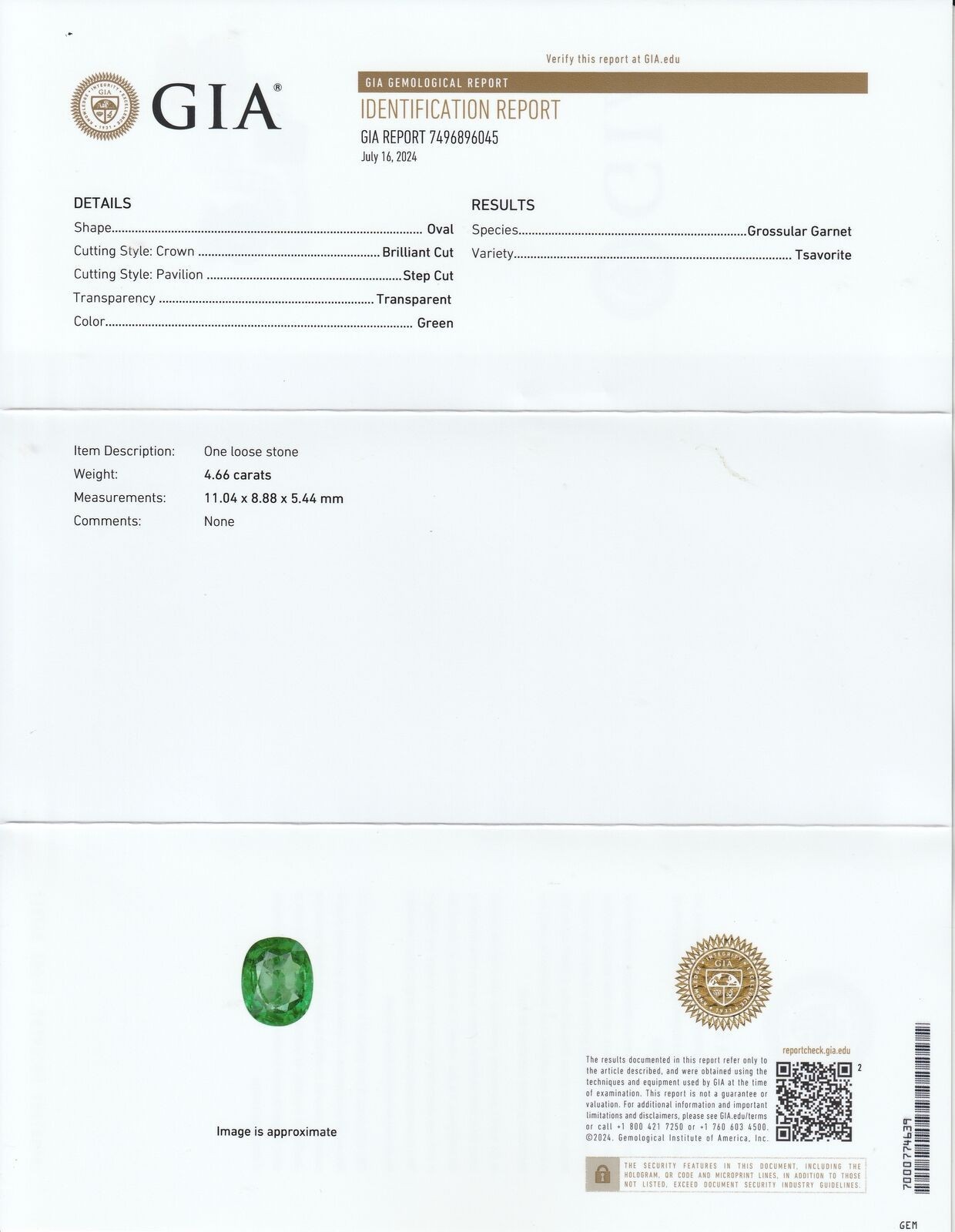 INVESTMENT 4.66ct GIA Certified Natural Vivid Green Tsavorite Garnet Loose Gemst