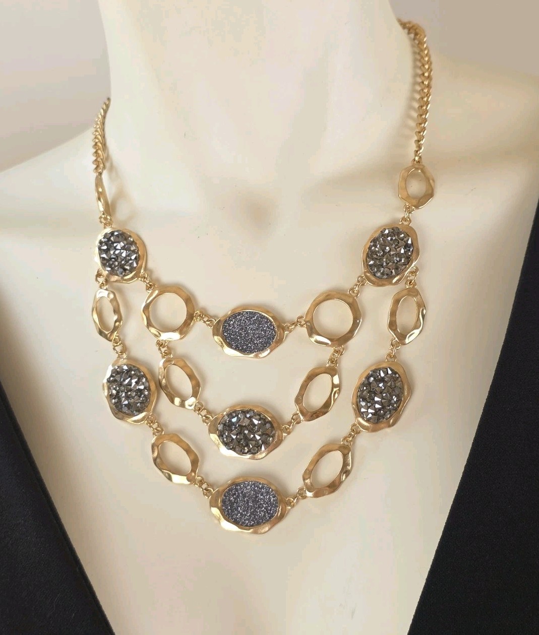 Sparkly Layered Charcoal Gray Bicone Glass Bead Station Necklace Gold Tone Chain