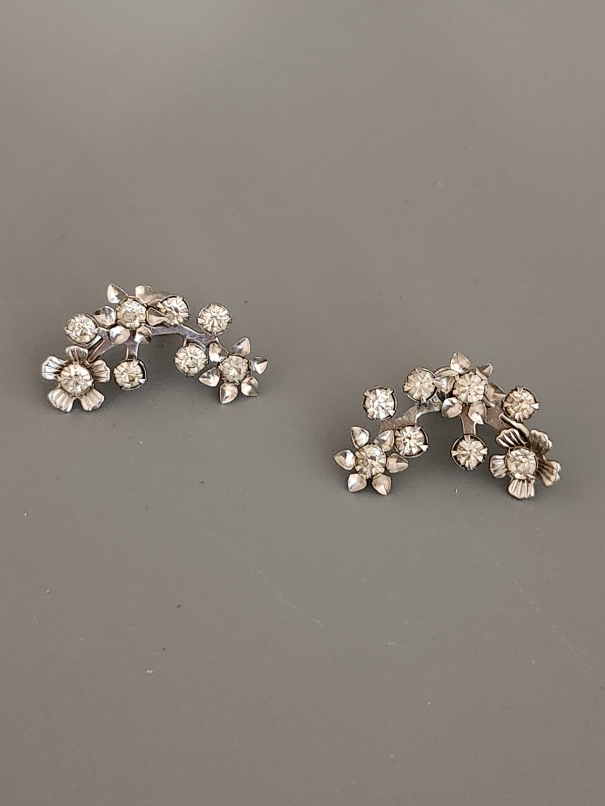 Vintage Flower Rhinestone Climber Earrings Screw Back Mid-Century Statement