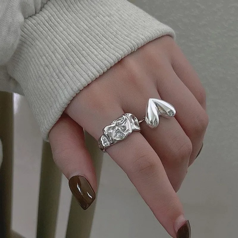 LATS Silver LOVE Heart Ring Simple Smooth Korean Fashion Jewelry for Women