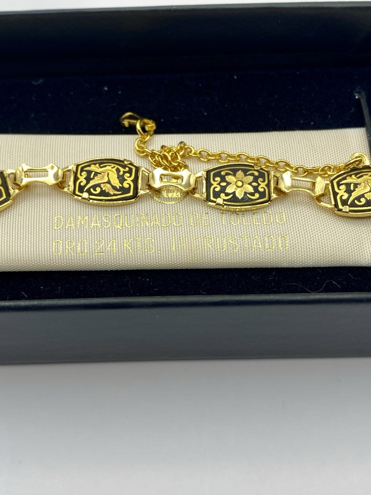 VTG Damascene BRACELET Bird Flower Toledo 7 Panel Link Safety Chain