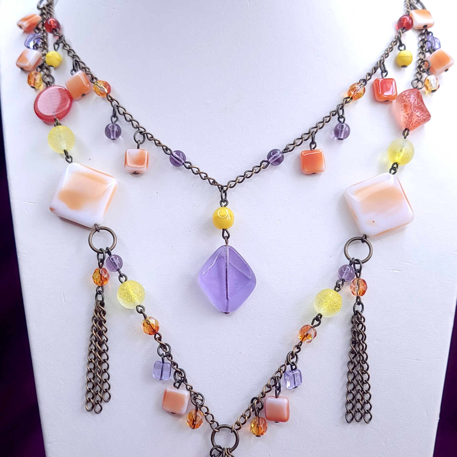 Necklace 24″ Red Orange Glass Czech Beads Vintage Style