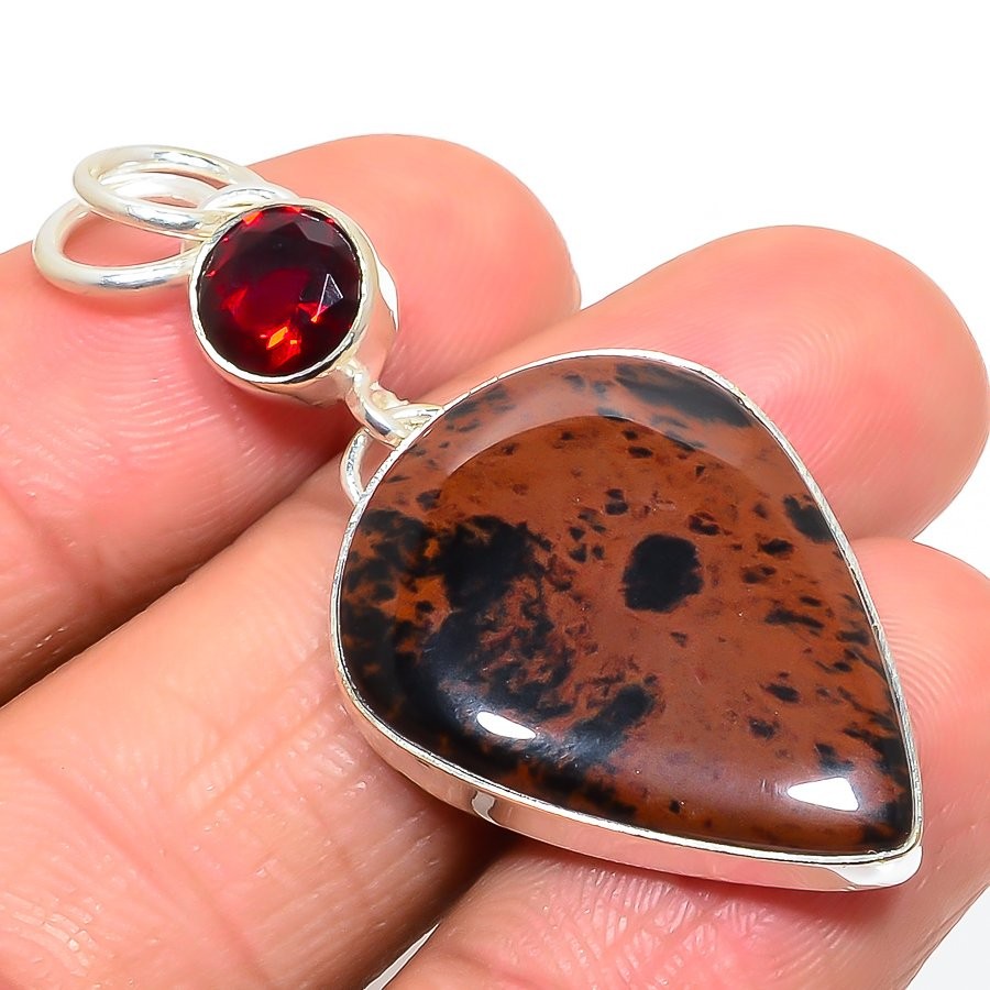 Mahogany Obsidian & Garnet Aritistic Handmade Silver Plated Pendant 2.0″ M155