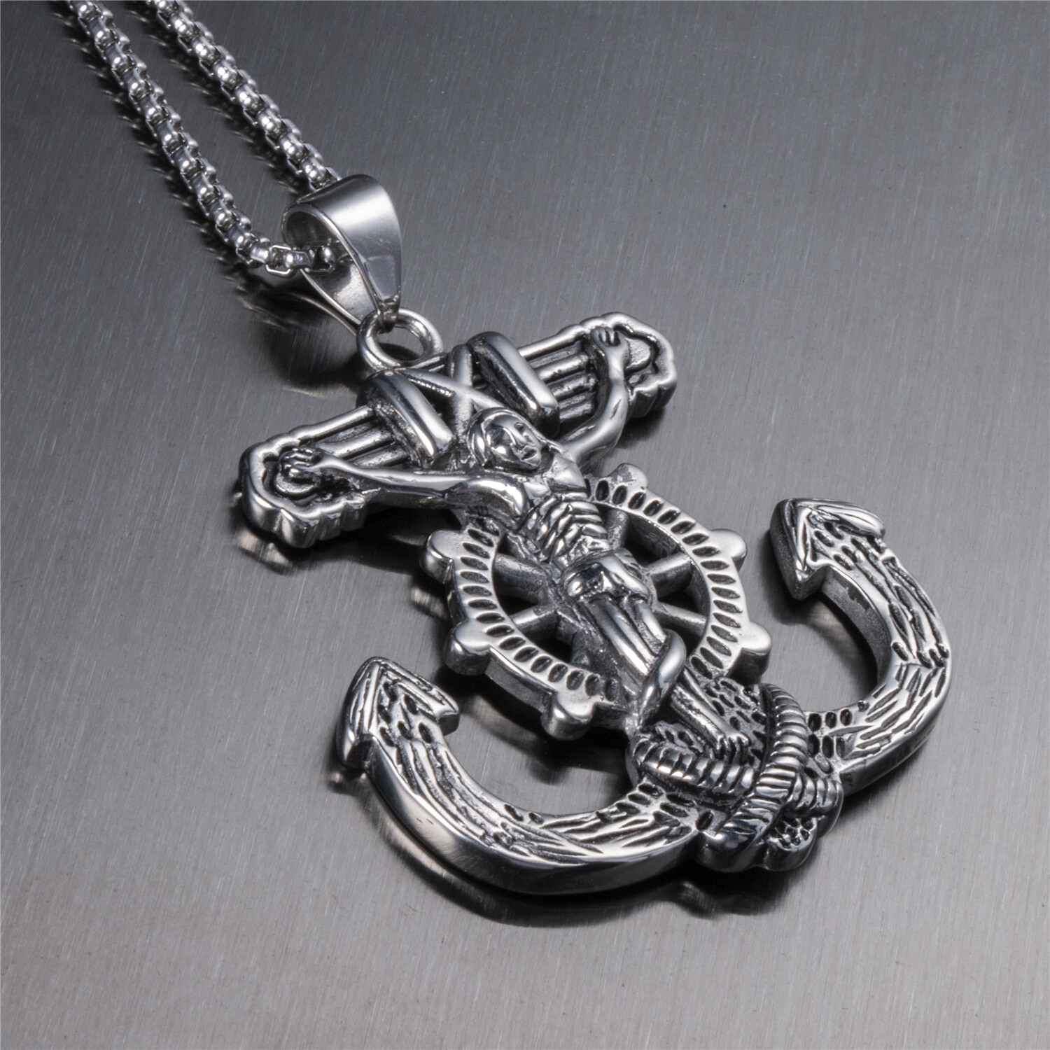 Large Jesus Cross Anchor Men’s Stainless Steel Pendant Chain Necklace set