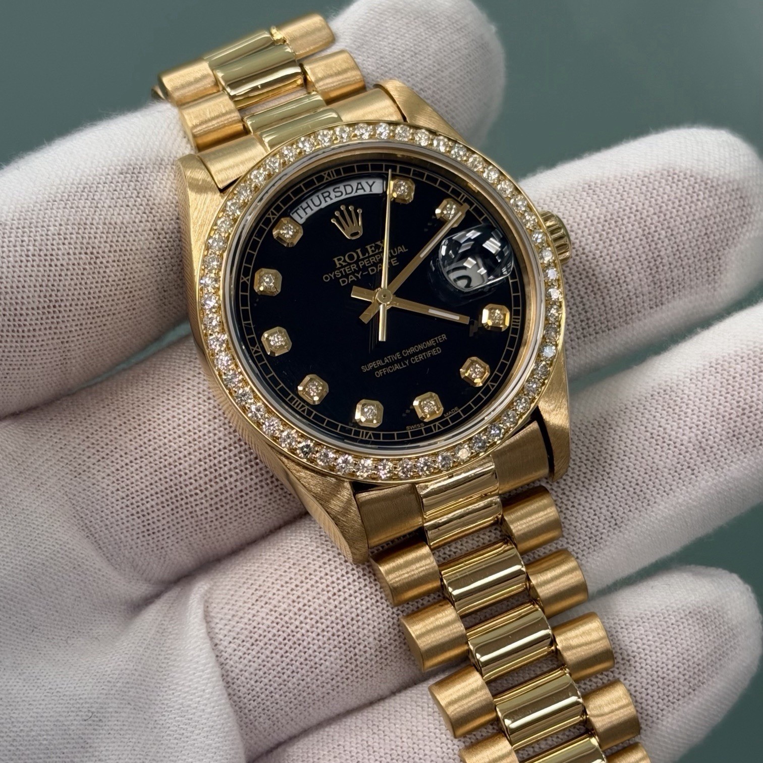 Rolex Day Date President 18038 36mm Quickset Black Diamond Dial & Bezel 18K Gold