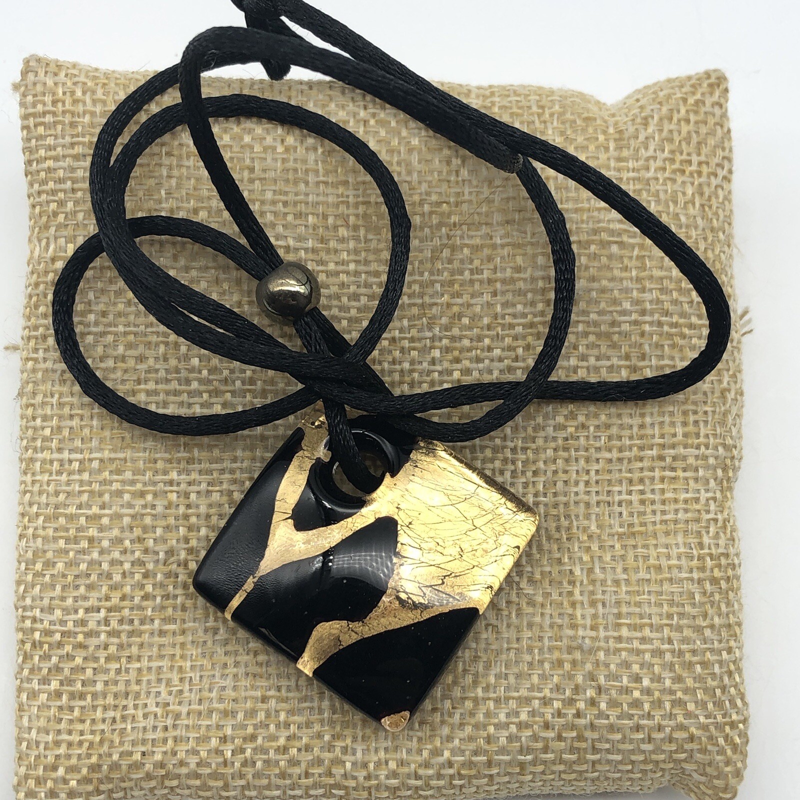 Murano Italian Glass Pendant Marked Vetro Multicolored Gold Black on Cord