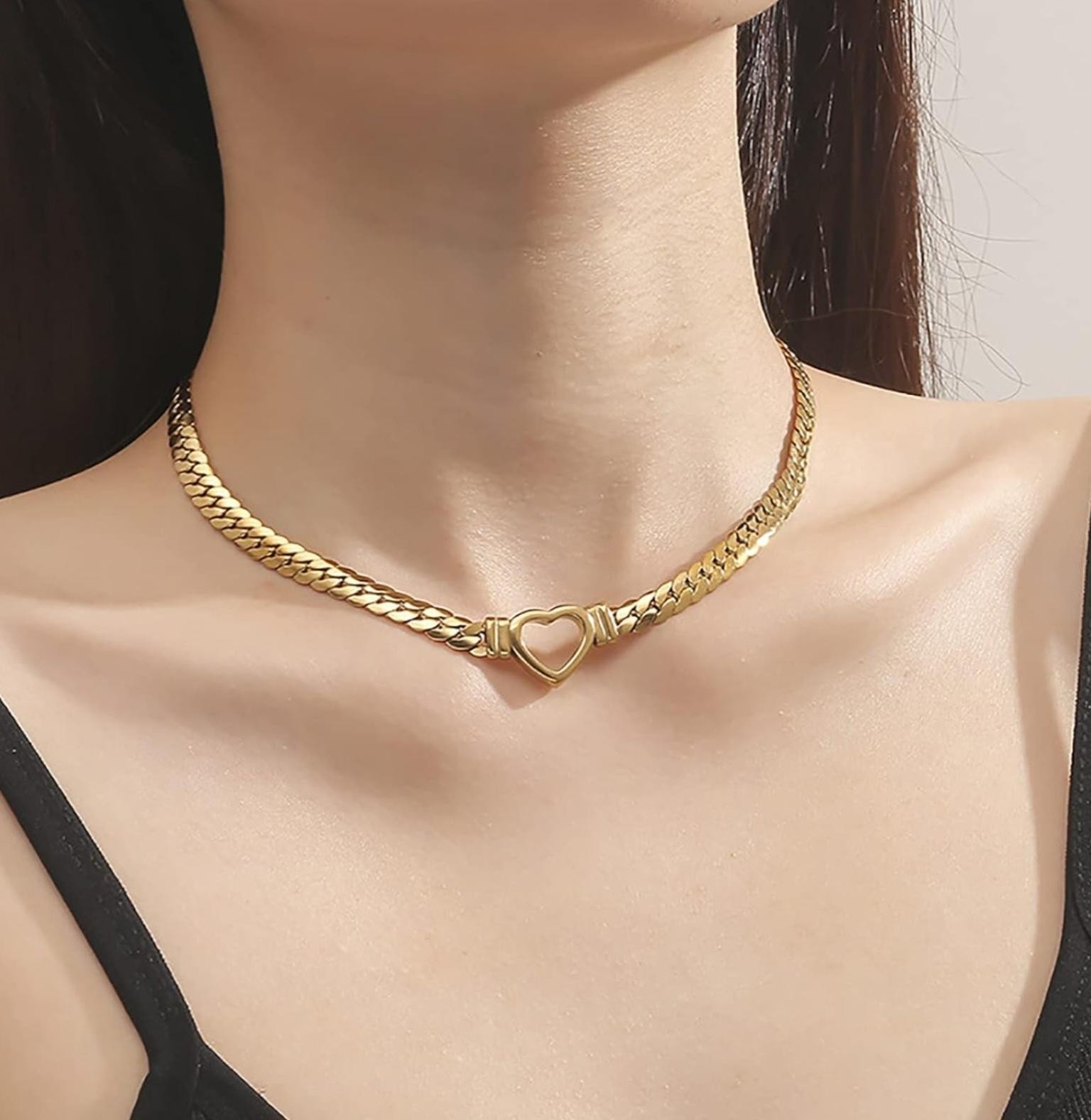 Flat Cuban Link Chunky Chain Necklace Gold Stainless Steel Hollow Heart Charms