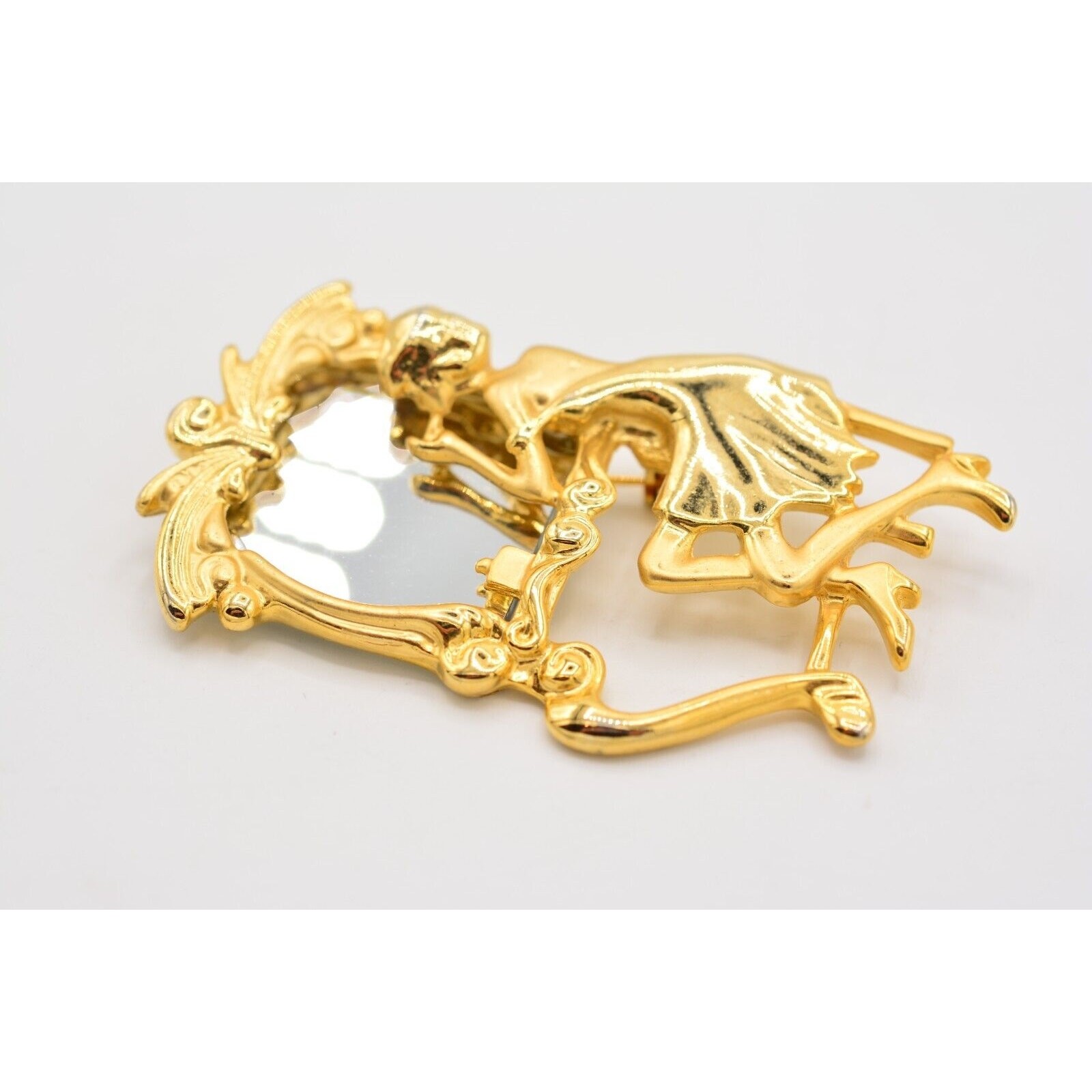 Vintage Vanity Mirror Pin Brooch Woman Beauty Brushed Gold Retro NOS 1980s BinA3
