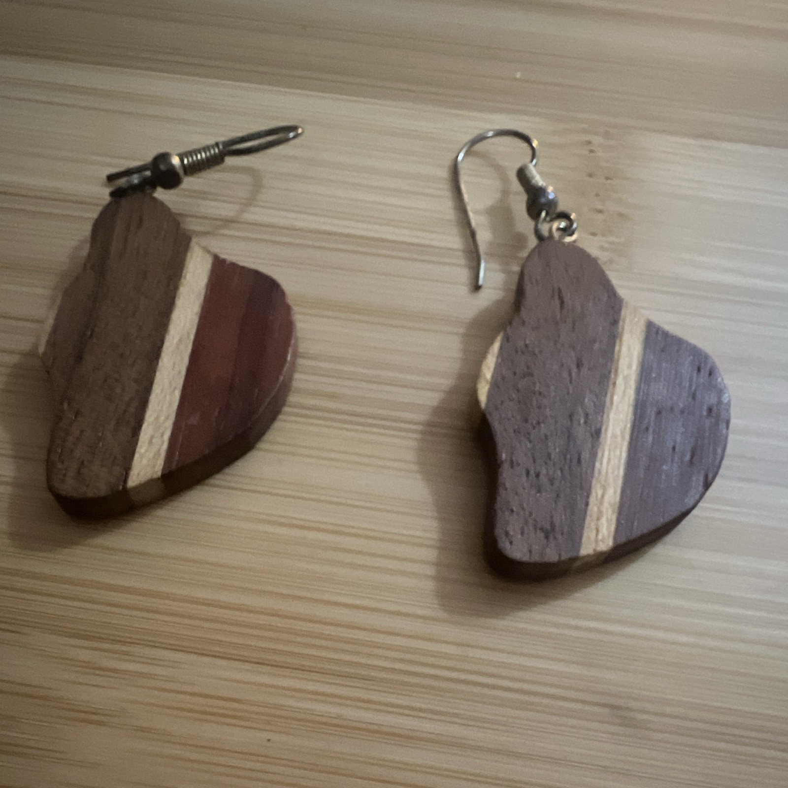 Handcrafted Brown Wood Dangle/Drop Earrings Asymmetrical Stripe Hook Closure