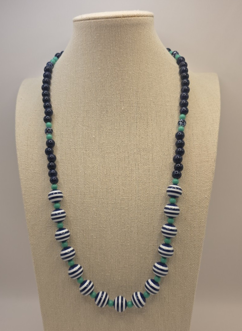 Beaded Necklace Navy Blue White and Teal Beads Handmade