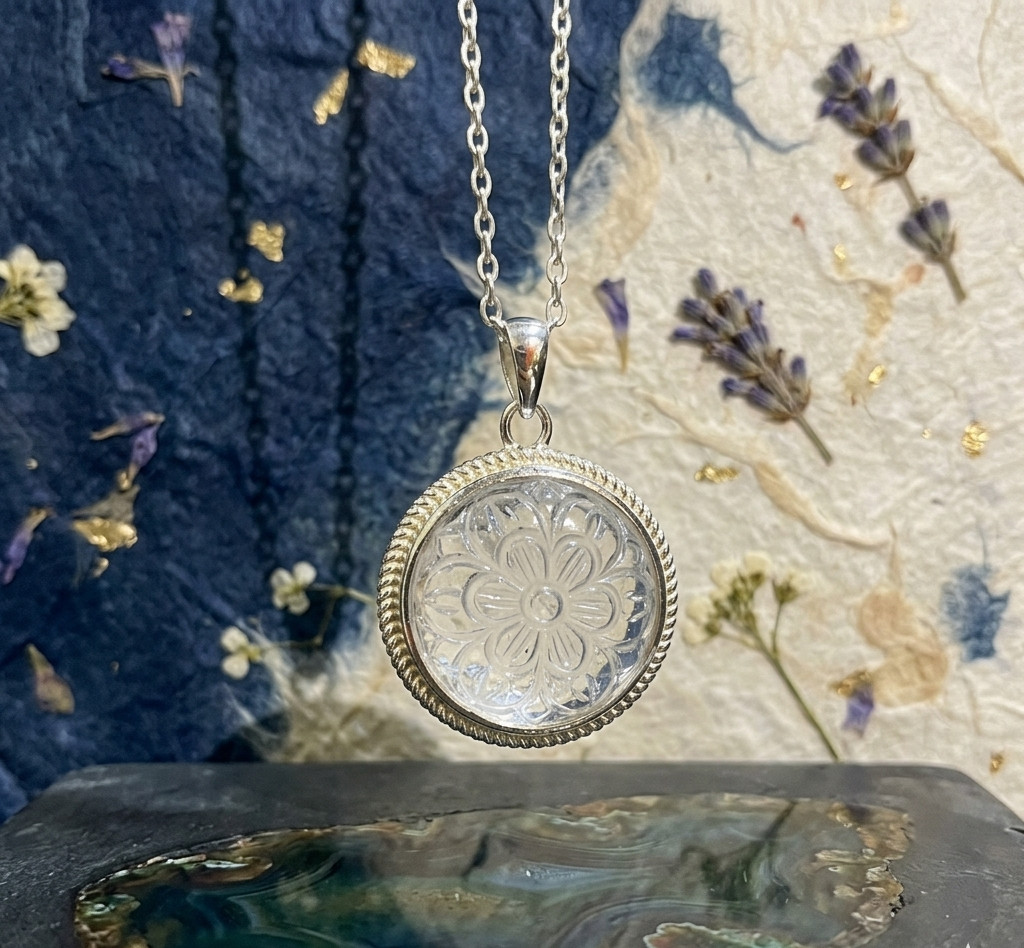 S925 Sterling Silver Crystal Quartz Flower Carving Pendant Necklace Jewelry