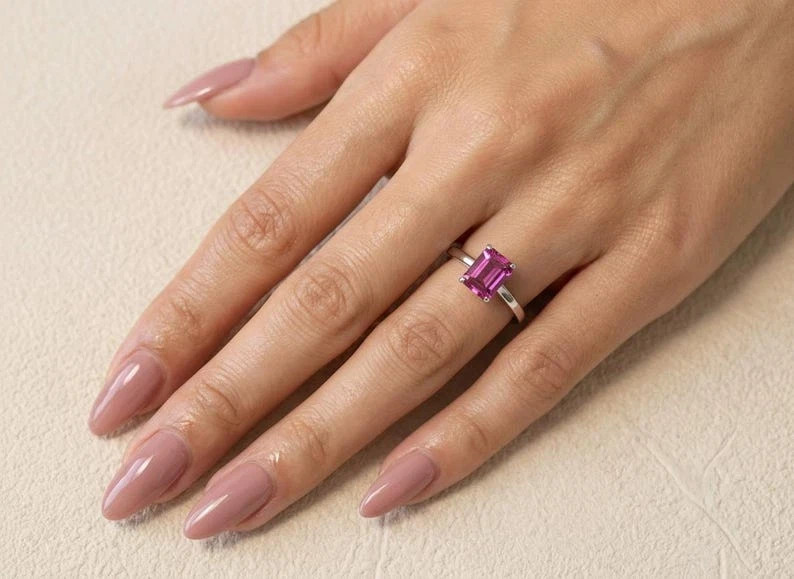 8 Ct Stone Natural Certified Pink Sapphire Ring 925 Silver Emerald Cut Gemstone