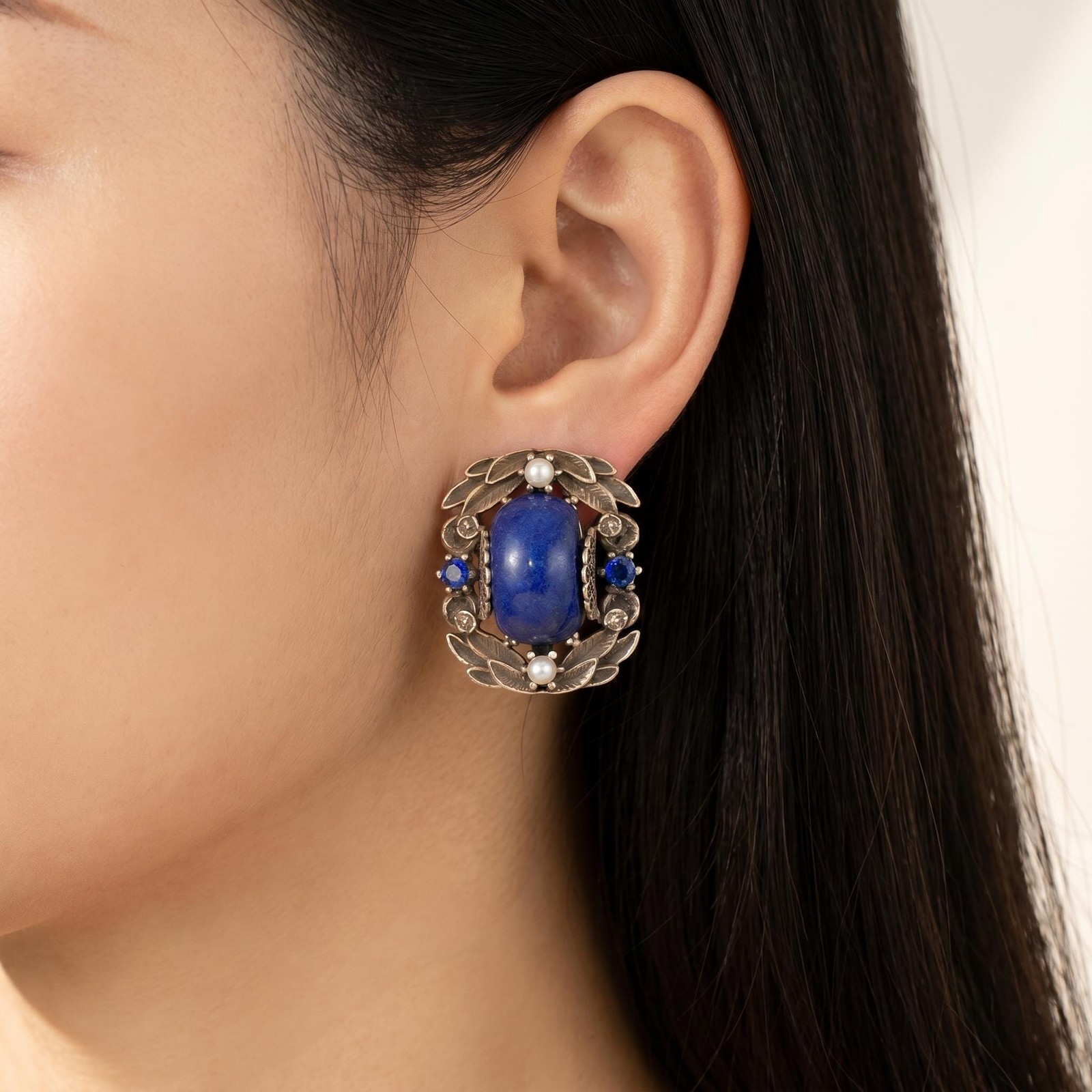 Vintage Antique Gold Blue Oval Stone Stud Earrings Leaf Filigree Pearl Crystal