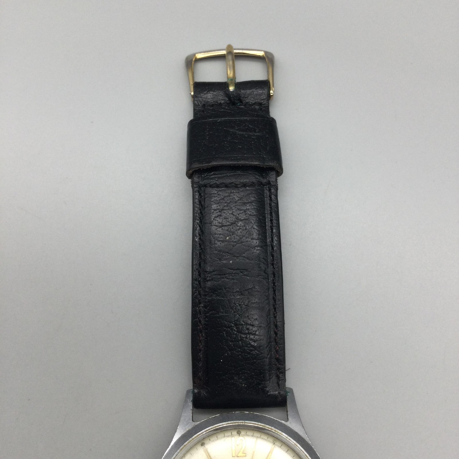 Vintage Tollet Mens Watch 32mm Cream Dial Silver Tone Black Leather Manual Wind