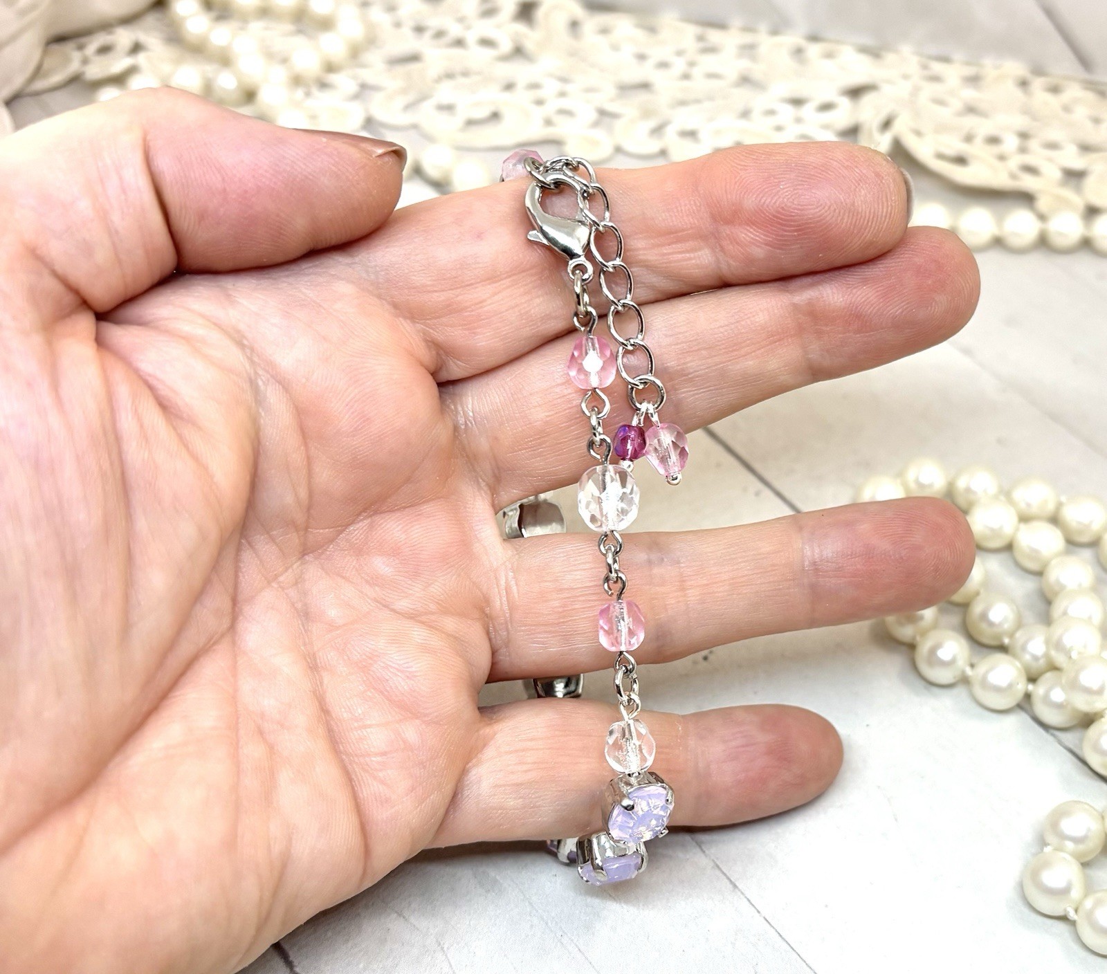8mm Shiny Silver Plated Beaded Pink Opal Crystal Tennis Cup Chain Bracelet