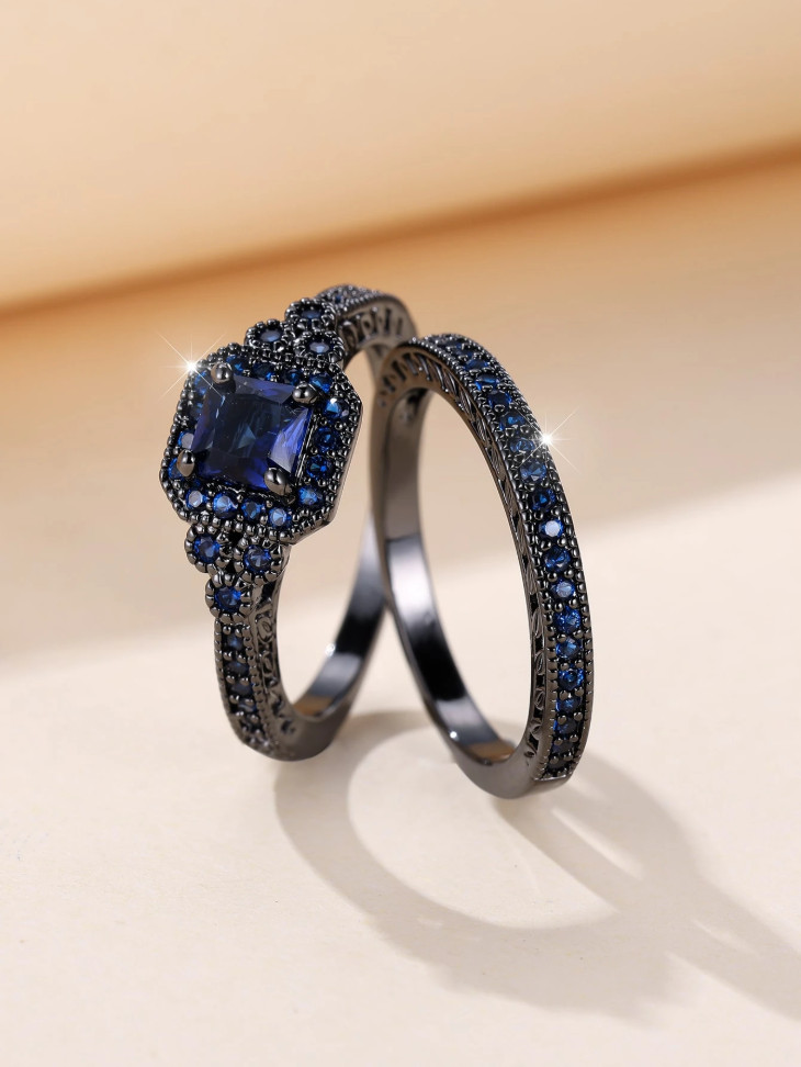 Vintage Black Blue CZ Wedding Engagement Ring Set Bridal Women Fashion Jewelry