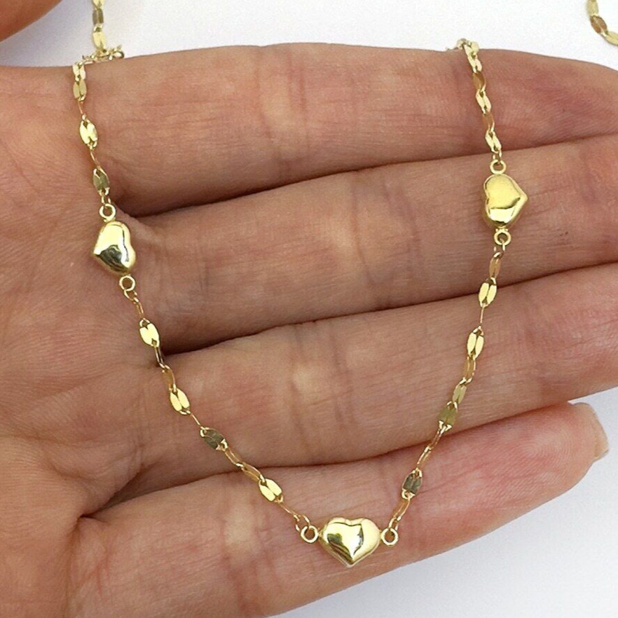 14K Gold 2mm Mirror-Link Heart Charms Chain Necklace 18″
