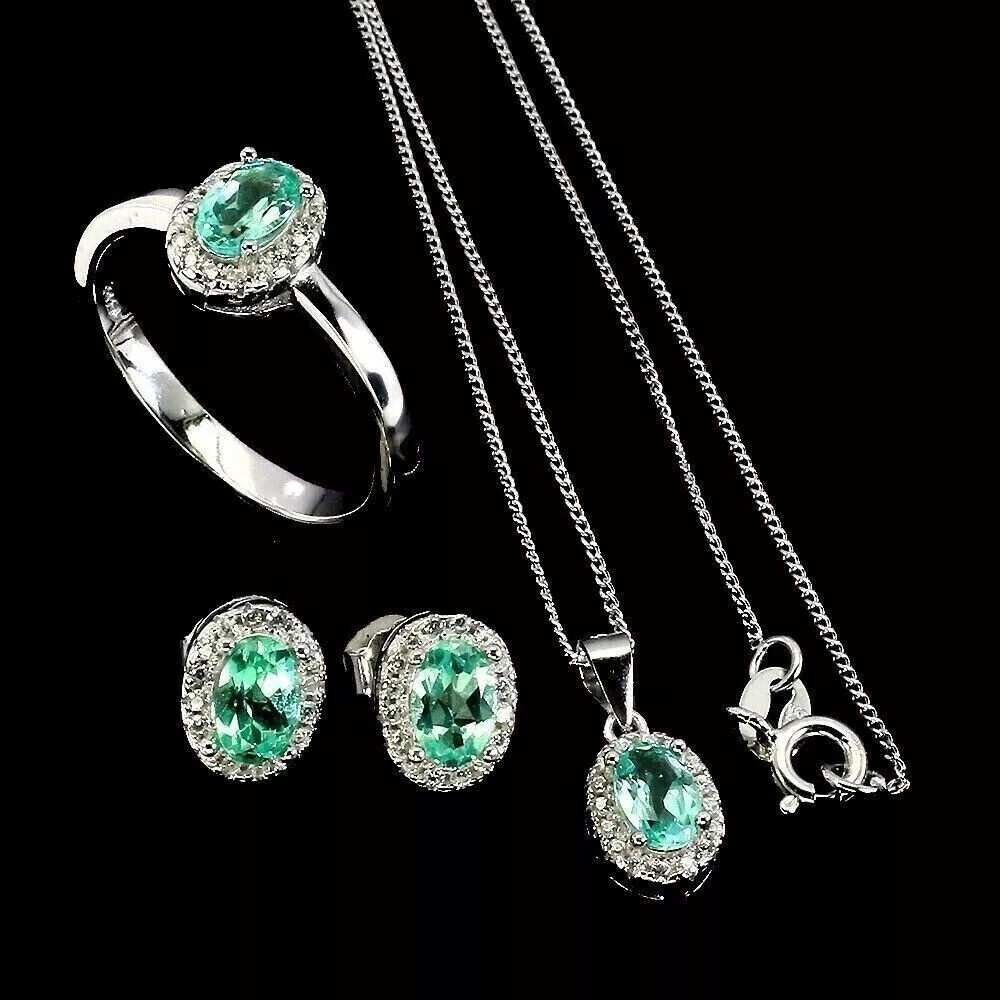 Silver Apatite Earring Necklace Ring Natural Gems Solid Sterling Size P.5 US 8