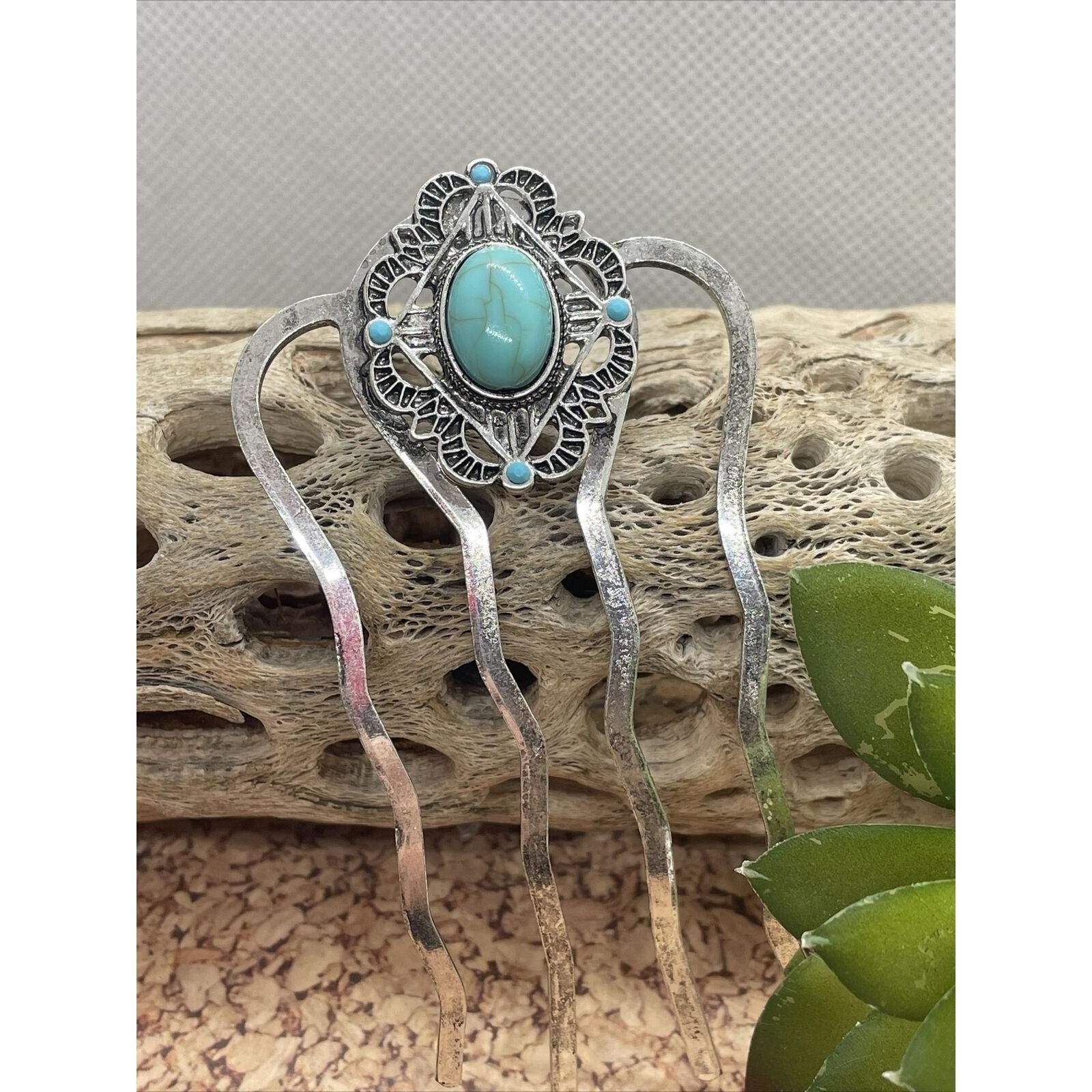 WESTERN Blue TURQUOISE HAIR Pin Clip Silver Southwest Comb Barrette Stone Large