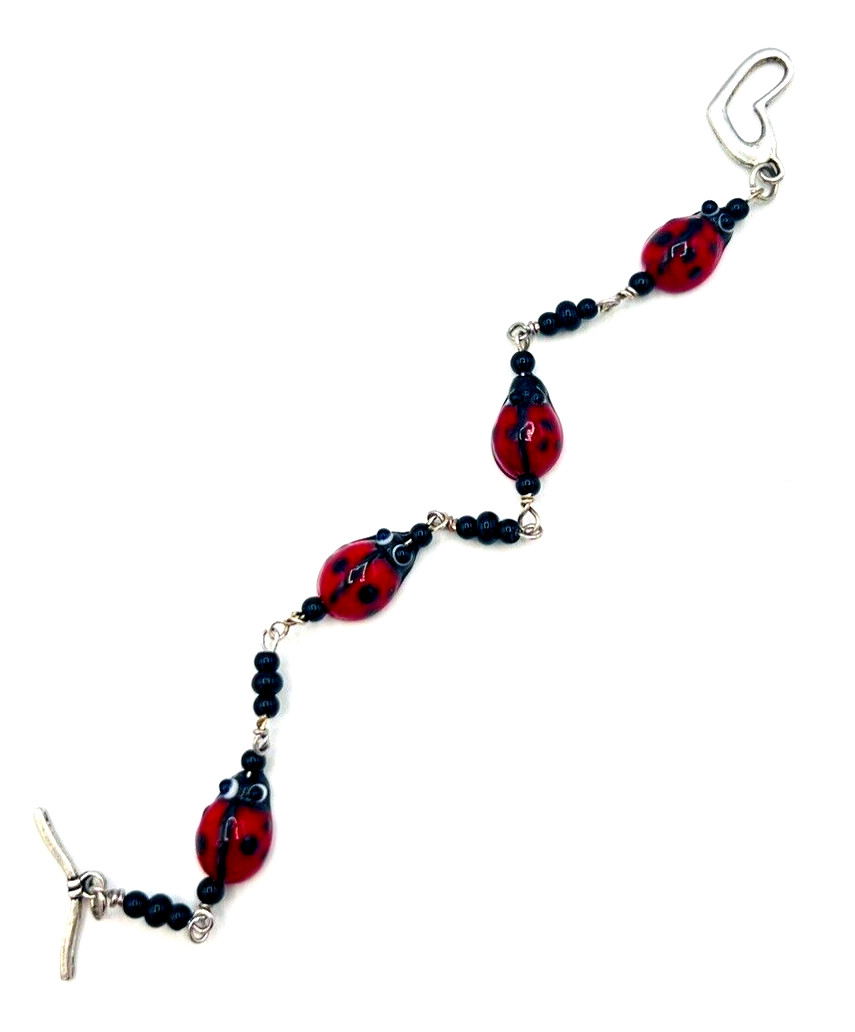 Glass Bead Red Black Ladybug Bracelet Heart Toggle Clasp 8.25 in