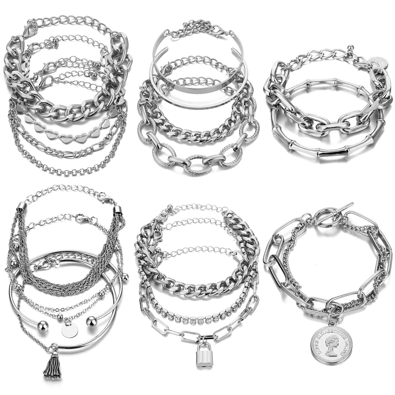 17IF 18 Pcs (6 Pack) Silver Bracelets Set for Women Boho Large,