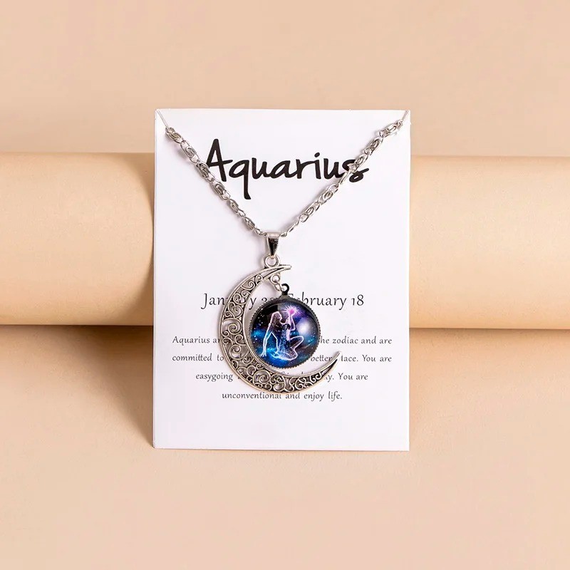 Moon Shaped Zodiac Sign Necklace Horoscope Astrological Pendant with 17″ Chain
