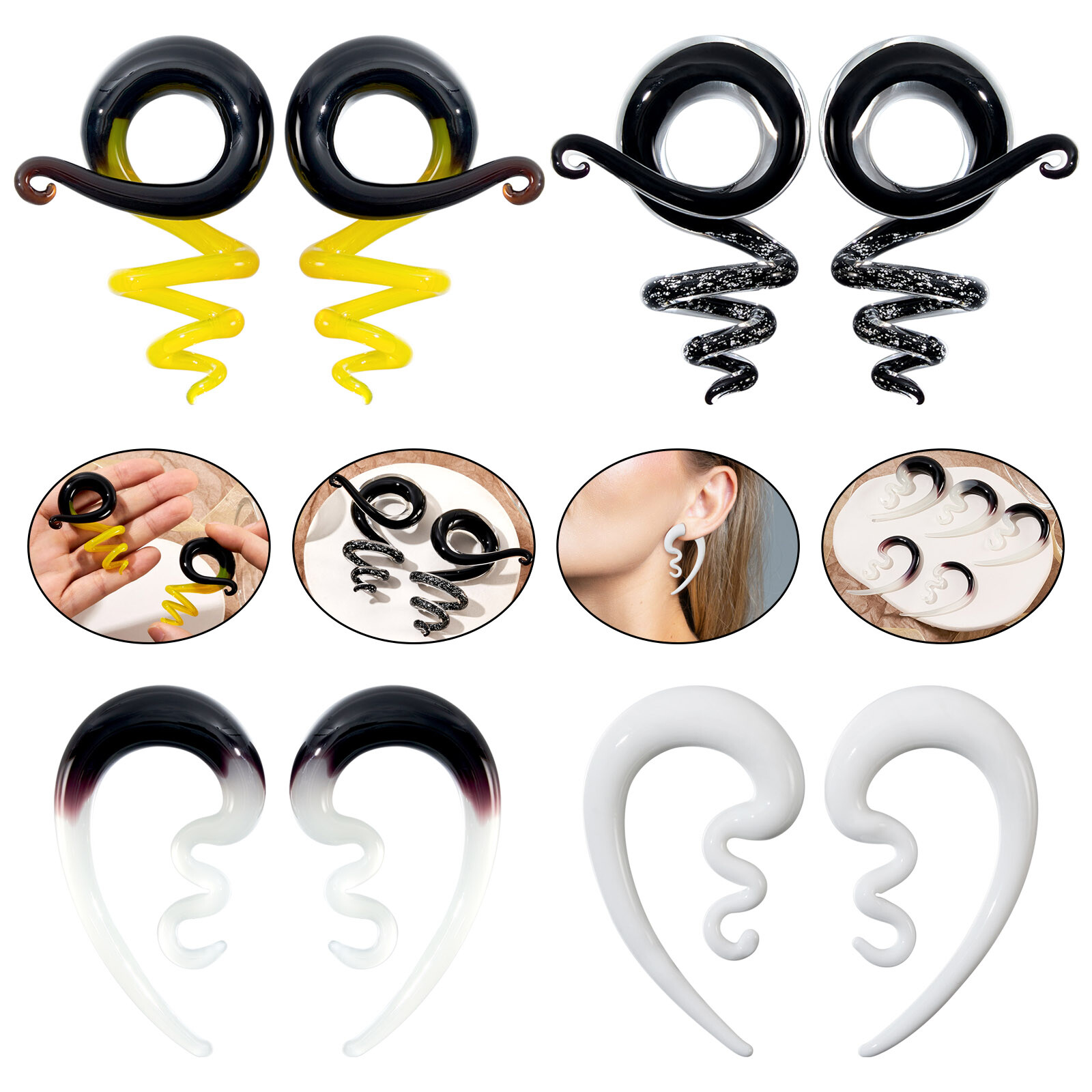 2PC Glass Spiral Tapers Handmade Ear Hanger Twist Ear Gauges Stretching Piercing