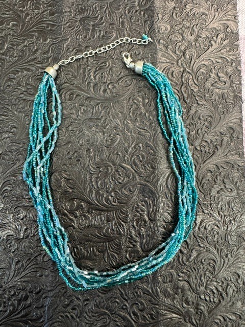 Boho Teal Multi Strand Seed Bead Necklace Silver Tone Faux Malachite Pendant